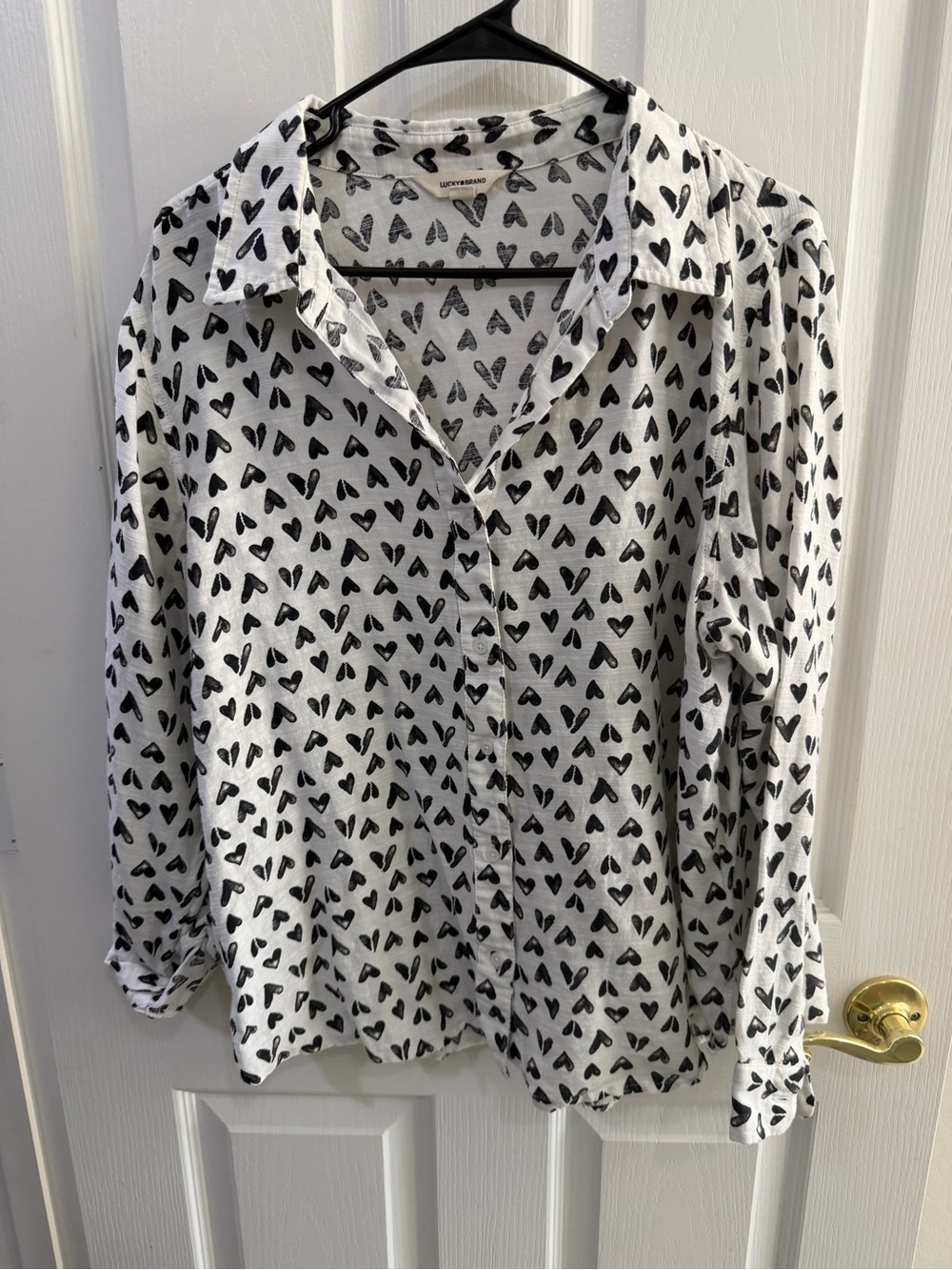 Lucky Brand White Button-Up Shirt with Black Heart Print